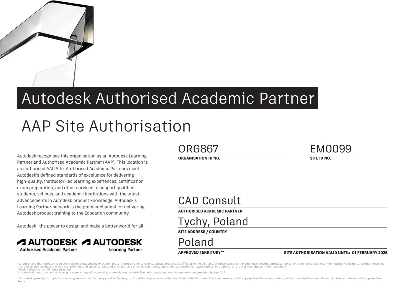 Certyfikat Autoryzowanego Centrum Szkoleniowego Autodesk